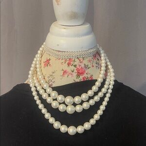 Pearl Necklace with Silver Accents faux pearl vintage style hook clasp 17”